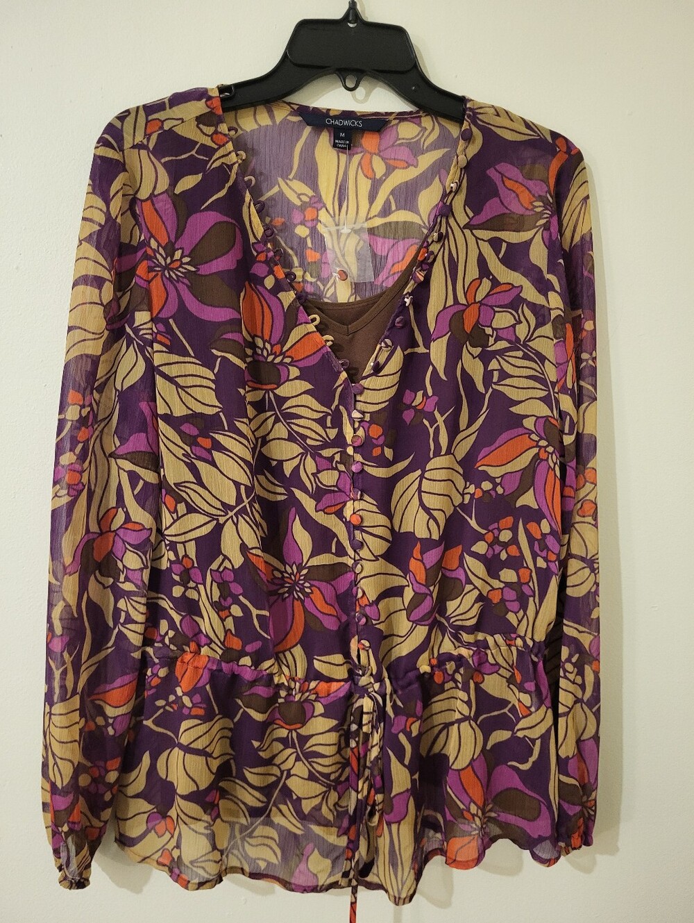 Chadwicks Purple Floral V-Neck Drawstring Sheer Peasant Blouse W/Matching Tank